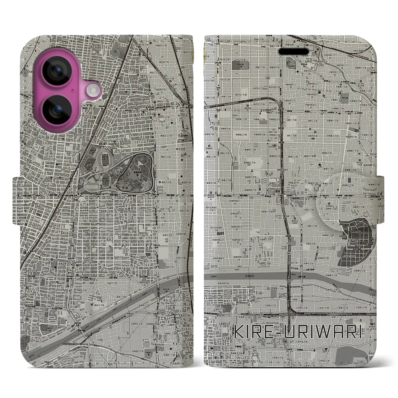 【喜連瓜破(大阪府)】地図柄iPhoneケース(手帳タイプ)モノトーン・iPhone 16 Pro 用