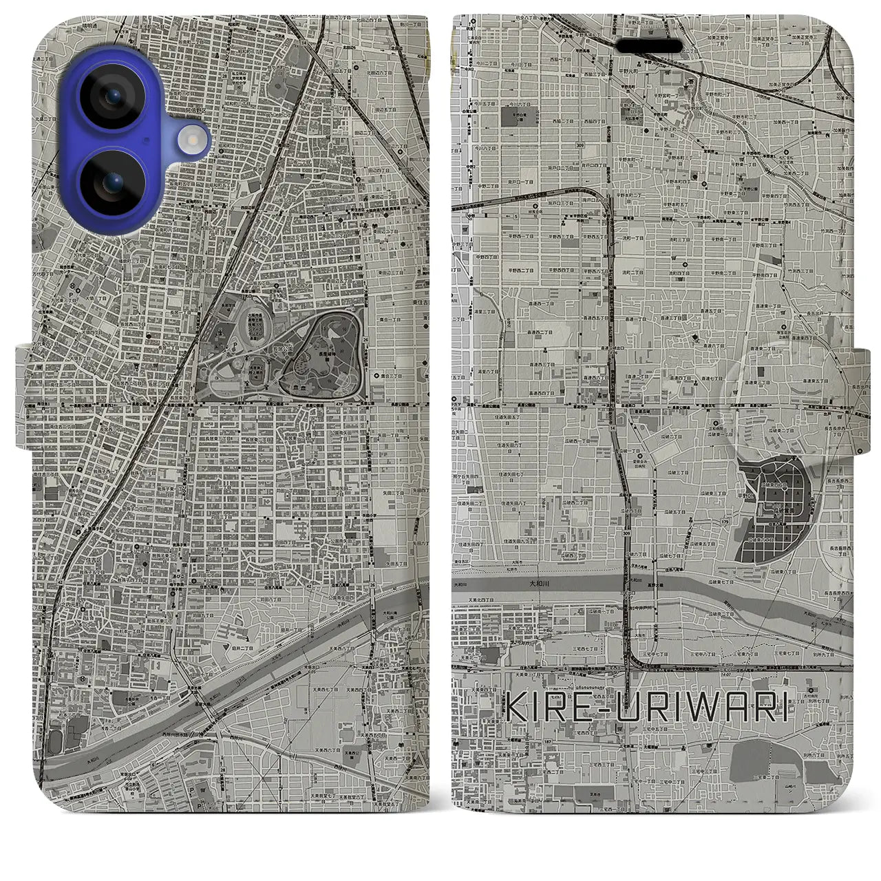 【喜連瓜破(大阪府)】地図柄iPhoneケース(手帳タイプ)モノトーン・iPhone 16 Pro Max 用