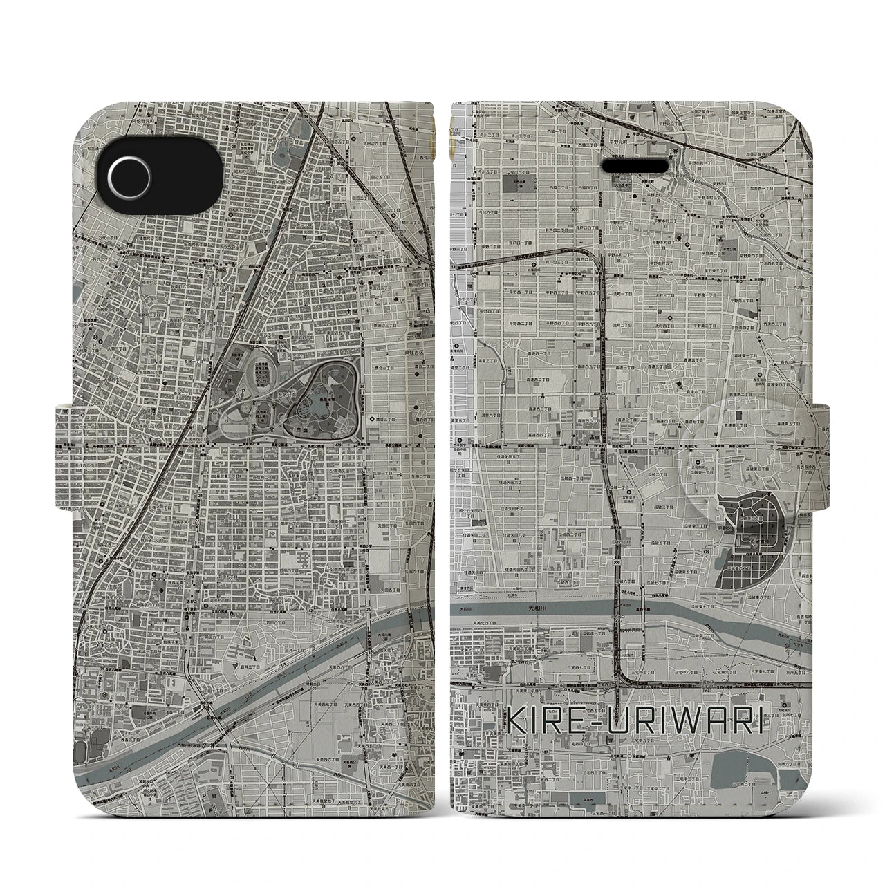 【喜連瓜破(大阪府)】地図柄iPhoneケース(手帳タイプ)モノトーン・iPhone SE(第3 / 第2世代) / 8 / 7 / 6s / 6 用