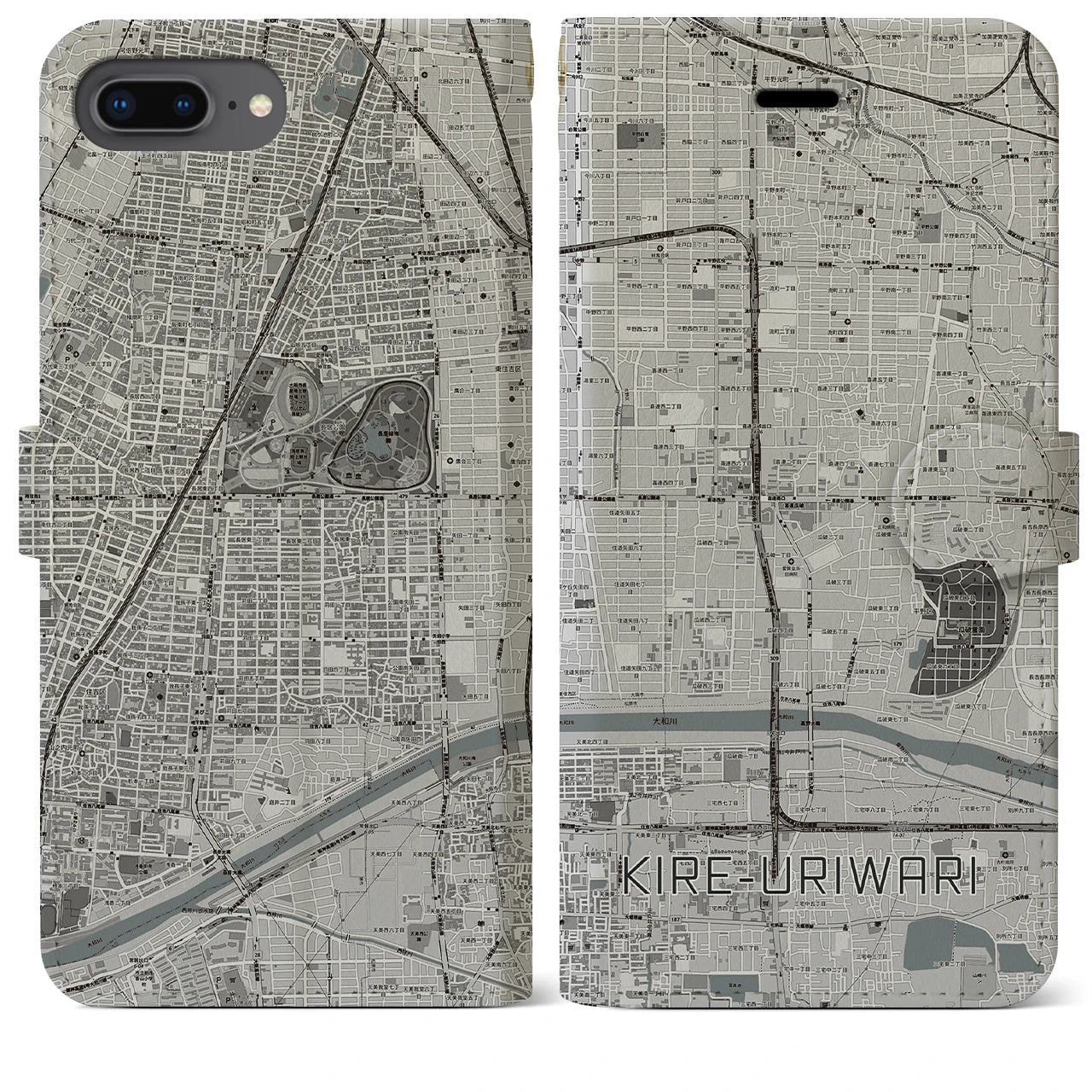 【喜連瓜破(大阪府)】地図柄iPhoneケース(手帳タイプ)モノトーン・iPhone 8Plus /7Plus / 6sPlus / 6Plus 用