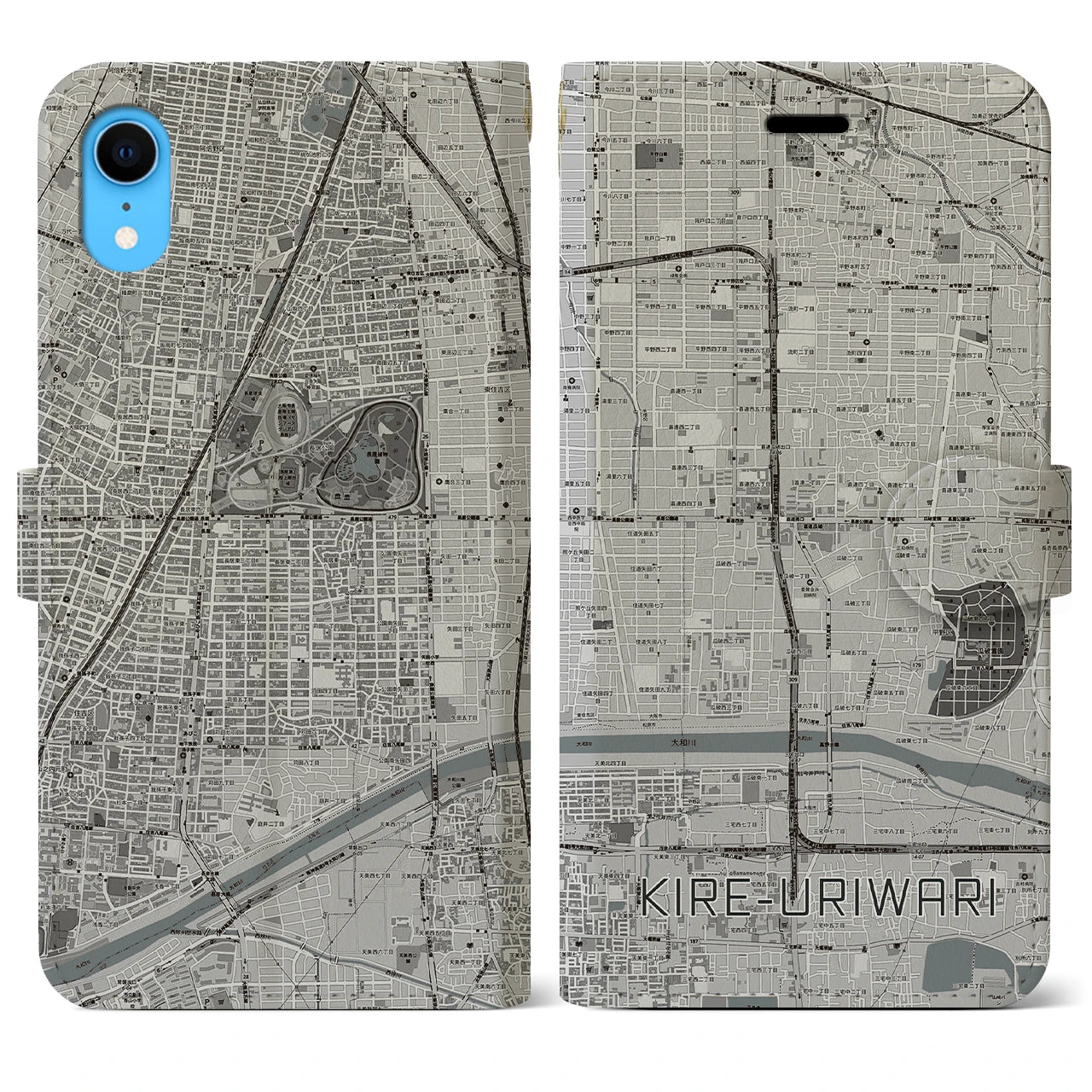 【喜連瓜破(大阪府)】地図柄iPhoneケース(手帳タイプ)モノトーン・iPhone XR 用