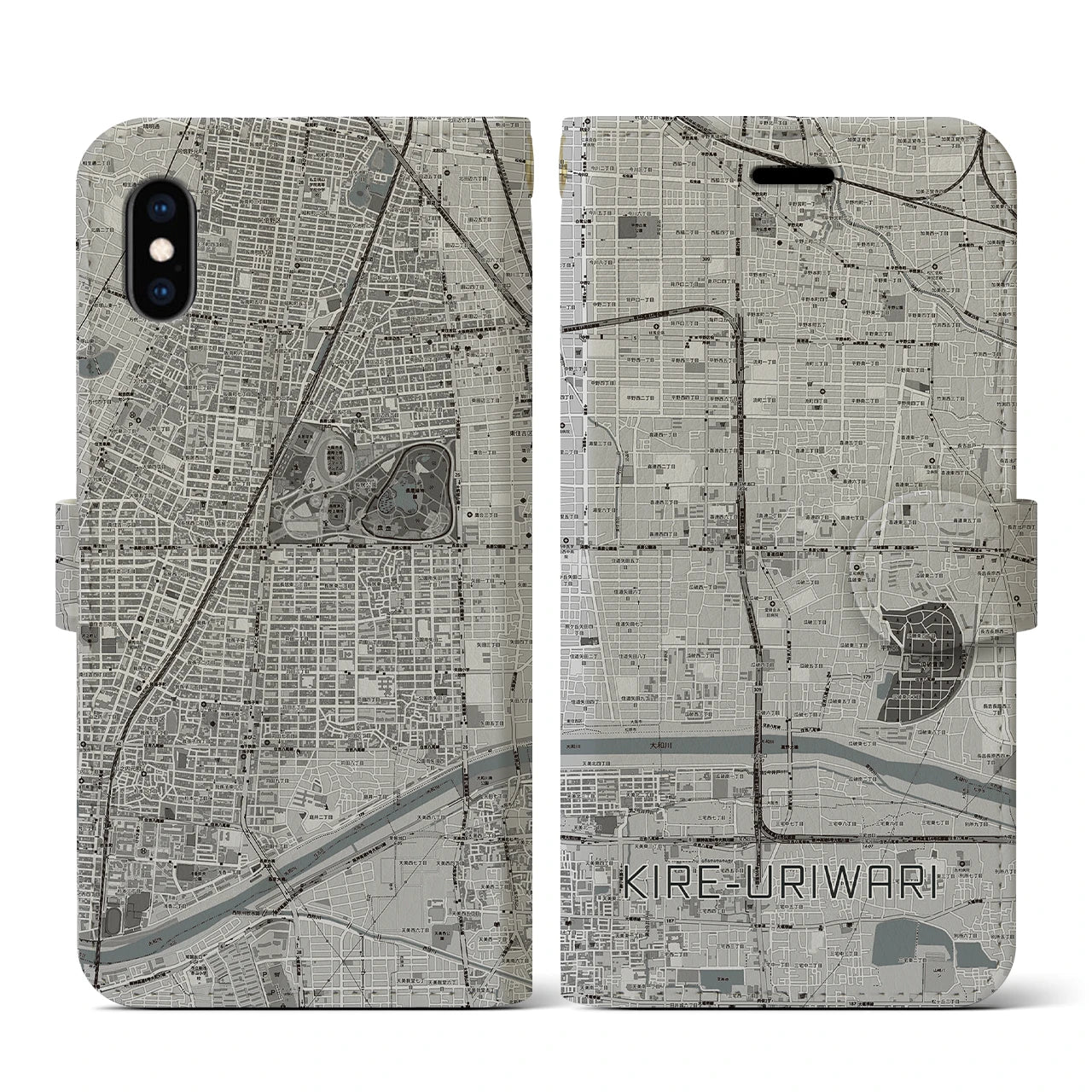 【喜連瓜破(大阪府)】地図柄iPhoneケース(手帳タイプ)モノトーン・iPhone XS / X 用