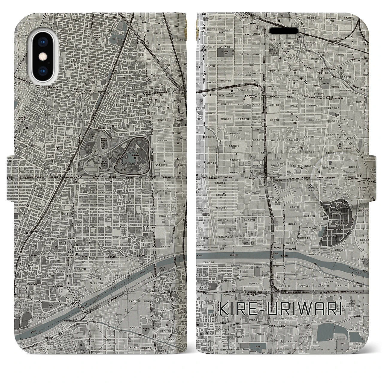 【喜連瓜破(大阪府)】地図柄iPhoneケース(手帳タイプ)モノトーン・iPhone XS Max 用