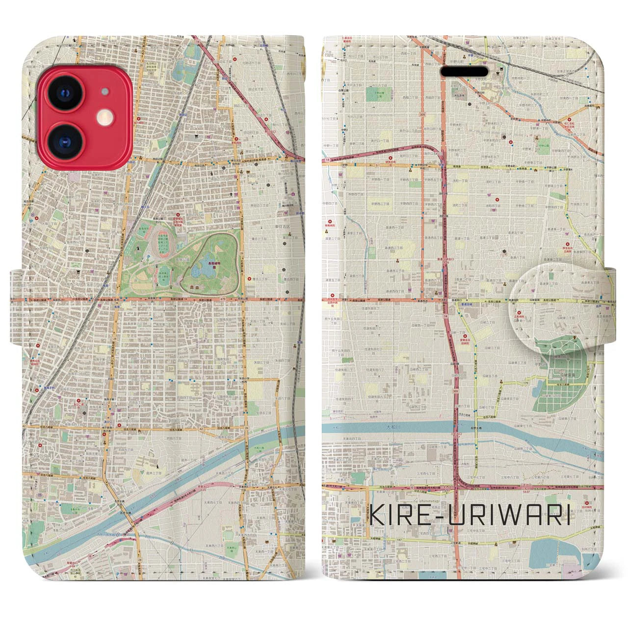 【喜連瓜破(大阪府)】地図柄iPhoneケース(手帳タイプ)ナチュラル・iPhone 11 用