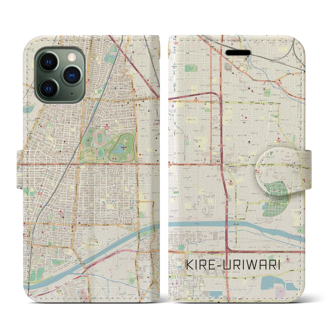 【喜連瓜破(大阪府)】地図柄iPhoneケース(手帳タイプ)ナチュラル・iPhone 11 Pro 用