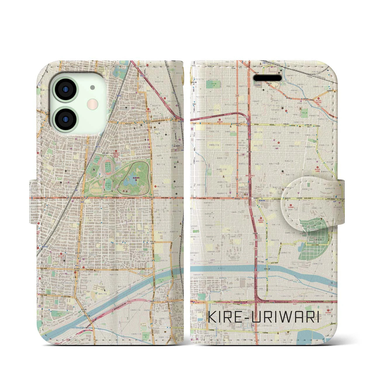 【喜連瓜破(大阪府)】地図柄iPhoneケース(手帳タイプ)ナチュラル・iPhone 12 mini 用
