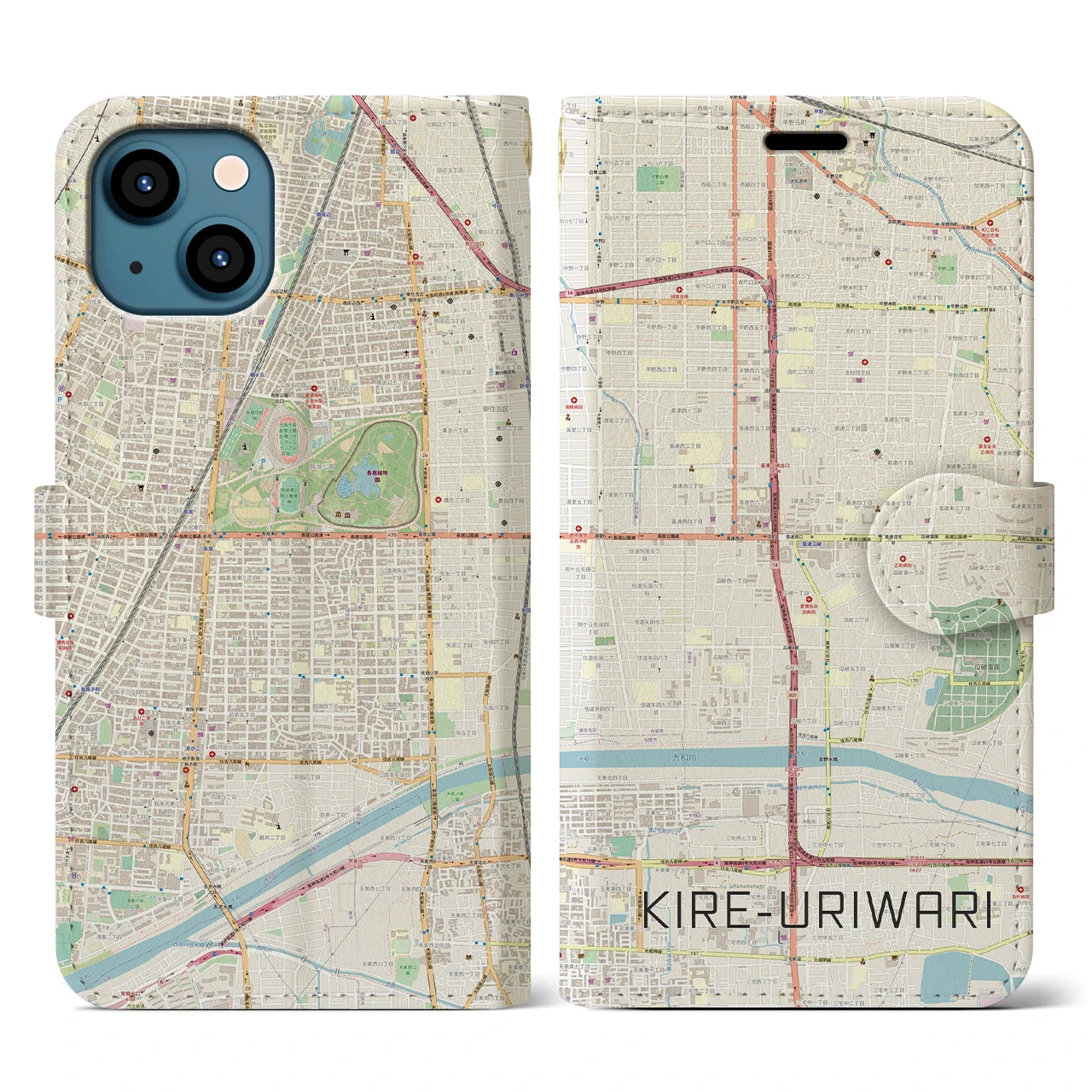 【喜連瓜破(大阪府)】地図柄iPhoneケース(手帳タイプ)ナチュラル・iPhone 13 用