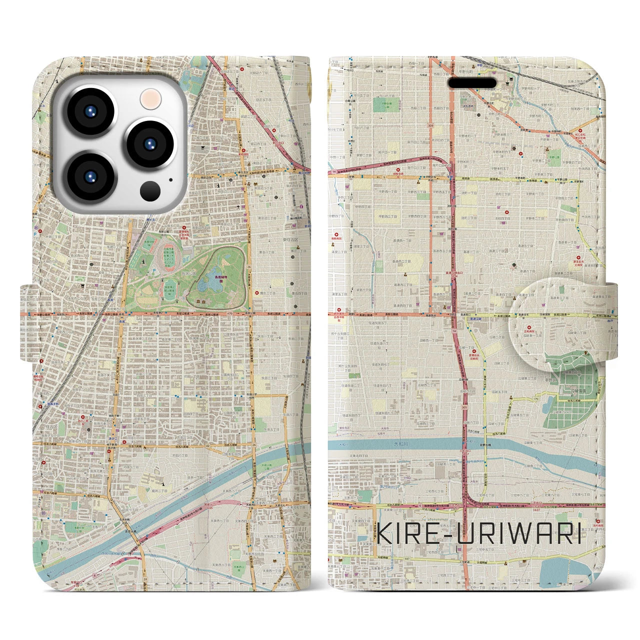 【喜連瓜破(大阪府)】地図柄iPhoneケース(手帳タイプ)ナチュラル・iPhone 13 Pro 用