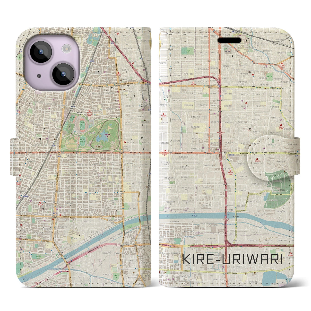 【喜連瓜破(大阪府)】地図柄iPhoneケース(手帳タイプ)ナチュラル・iPhone 14 用