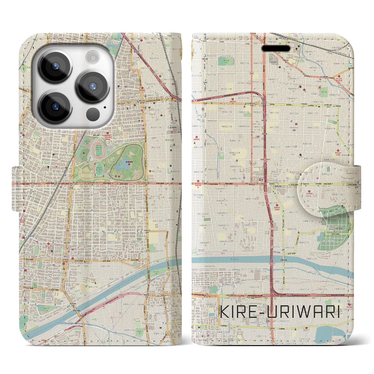 【喜連瓜破(大阪府)】地図柄iPhoneケース(手帳タイプ)ナチュラル・iPhone 14 Pro 用