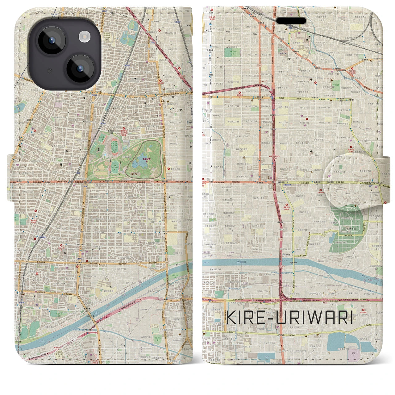 【喜連瓜破(大阪府)】地図柄iPhoneケース(手帳タイプ)ナチュラル・iPhone 14 Plus 用