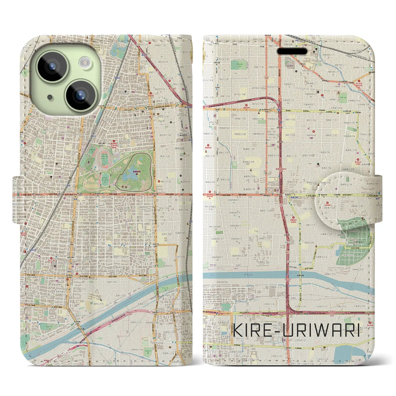 【喜連瓜破(大阪府)】地図柄iPhoneケース(手帳タイプ)ナチュラル・iPhone 15 用