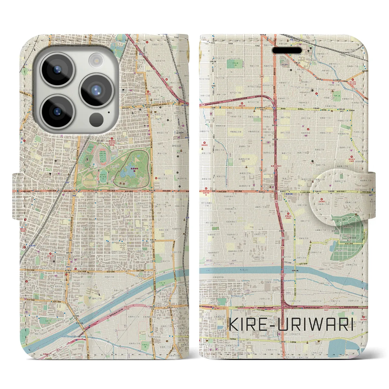 【喜連瓜破(大阪府)】地図柄iPhoneケース(手帳タイプ)ナチュラル・iPhone 15 Pro 用