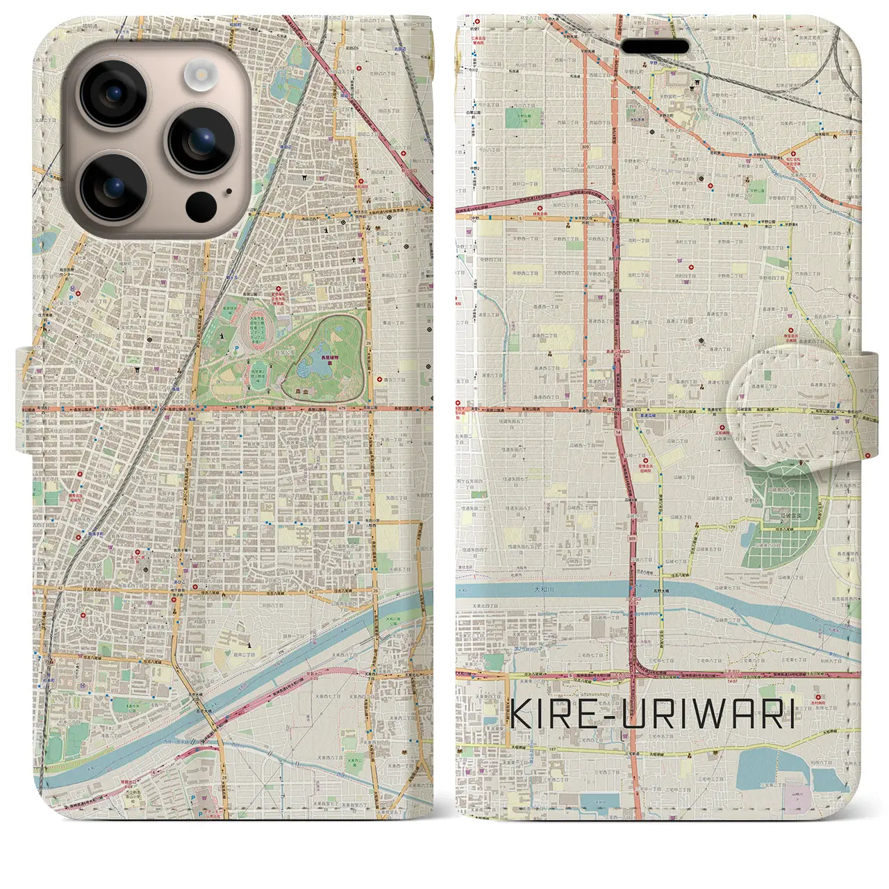 【喜連瓜破(大阪府)】地図柄iPhoneケース(手帳タイプ)ナチュラル・iPhone 16 Plus 用