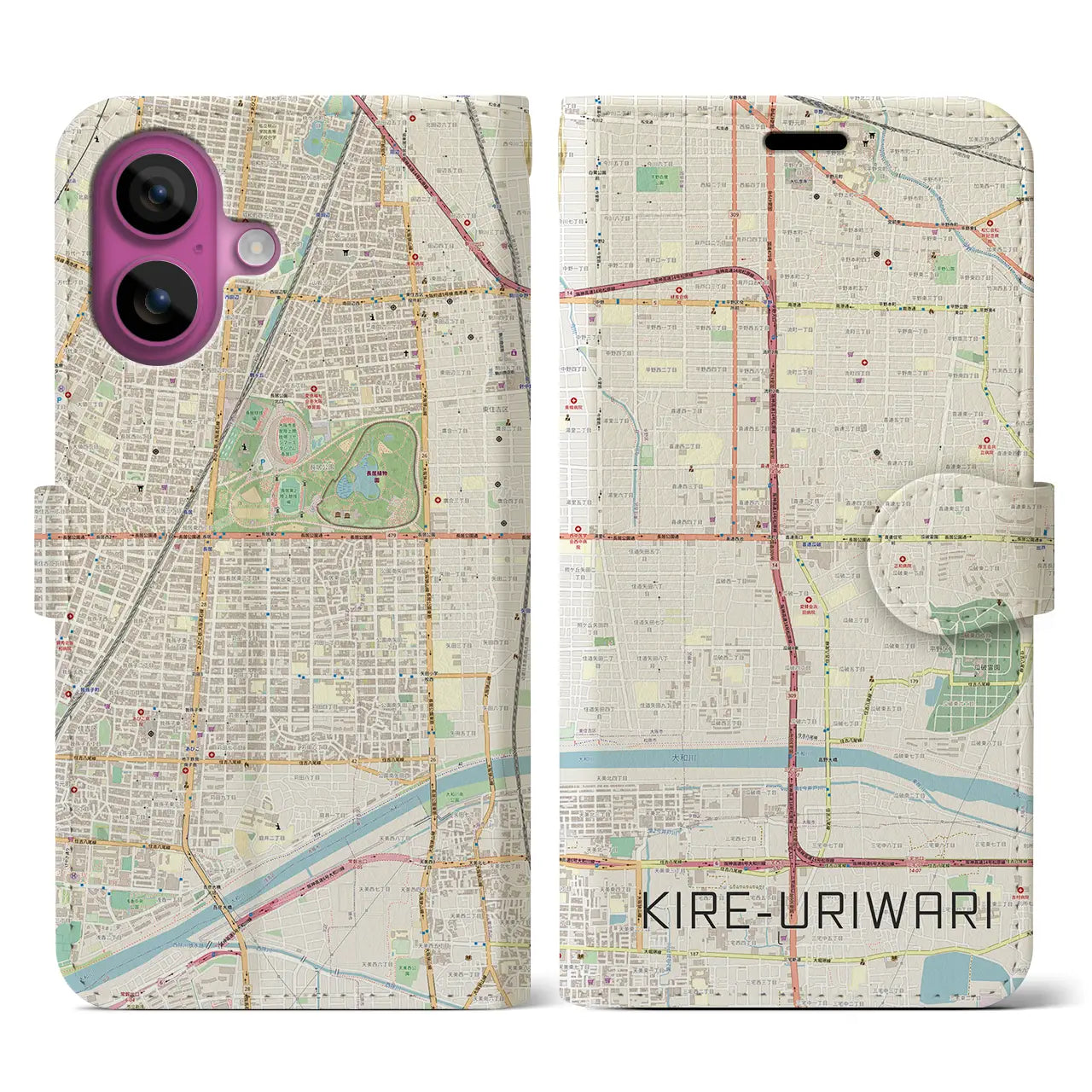【喜連瓜破(大阪府)】地図柄iPhoneケース(手帳タイプ)ナチュラル・iPhone 16 Pro 用