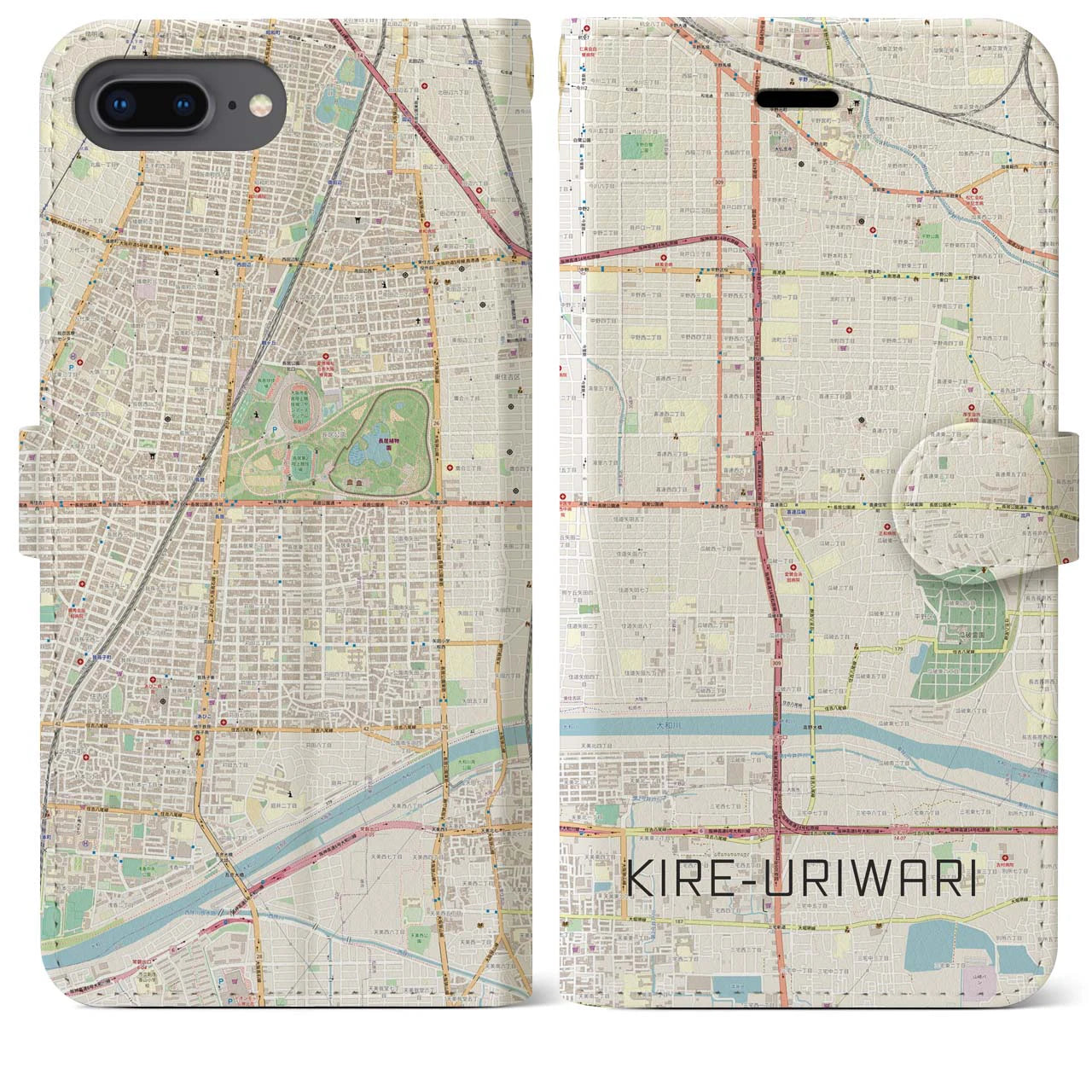 【喜連瓜破(大阪府)】地図柄iPhoneケース(手帳タイプ)ナチュラル・iPhone 8Plus /7Plus / 6sPlus / 6Plus 用