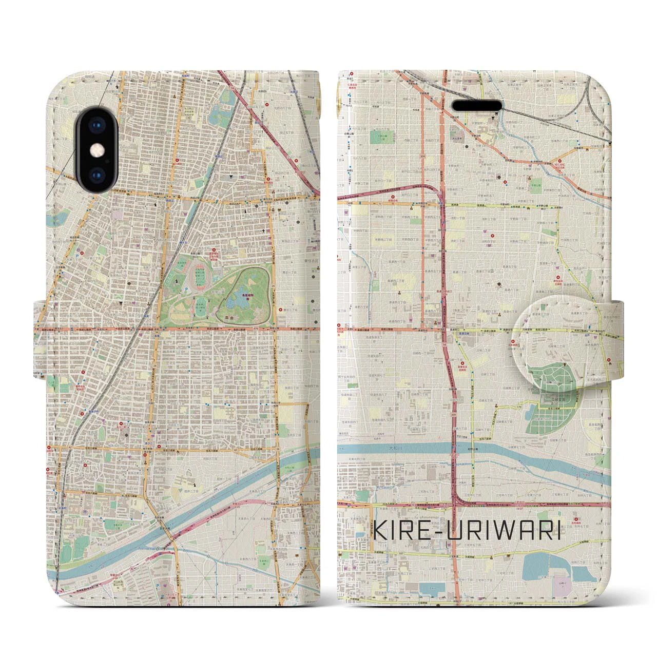 【喜連瓜破(大阪府)】地図柄iPhoneケース(手帳タイプ)ナチュラル・iPhone XS / X 用