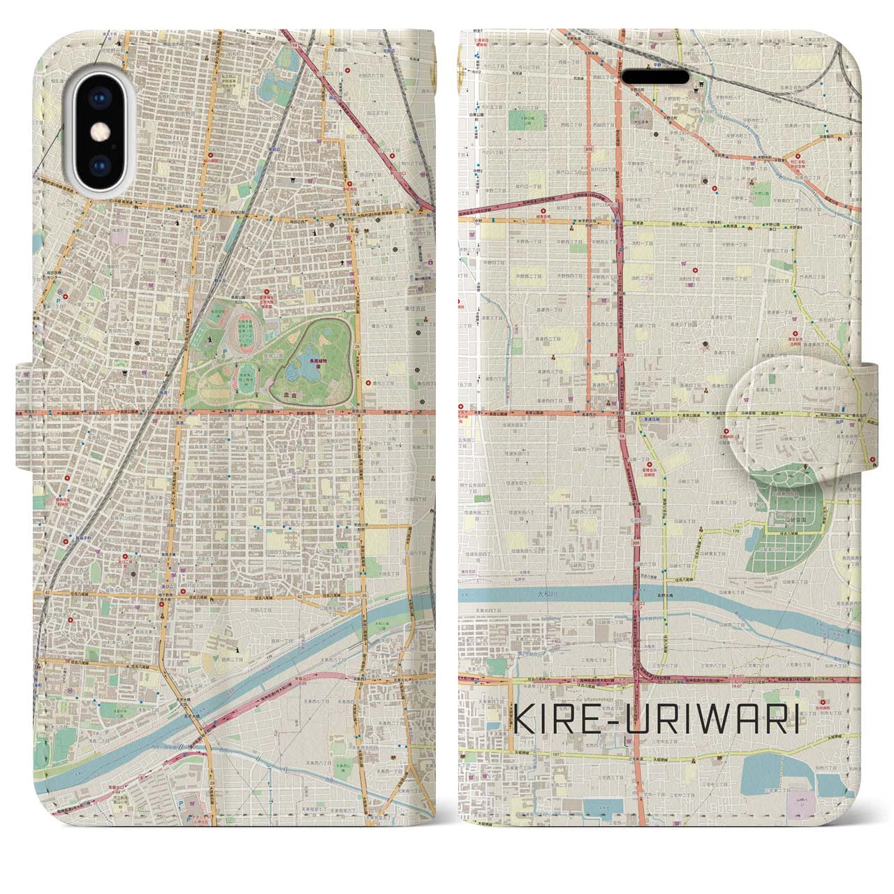 【喜連瓜破(大阪府)】地図柄iPhoneケース(手帳タイプ)ナチュラル・iPhone XS Max 用