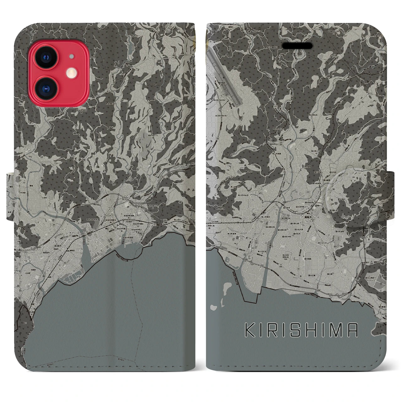 【霧島(鹿児島県)】地図柄iPhoneケース(手帳タイプ)モノトーン・iPhone 11 用