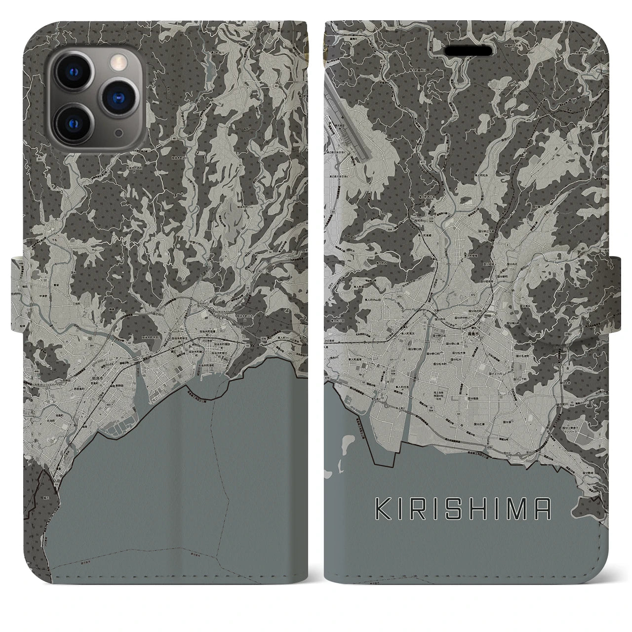 【霧島(鹿児島県)】地図柄iPhoneケース(手帳タイプ)モノトーン・iPhone 11 Pro Max 用