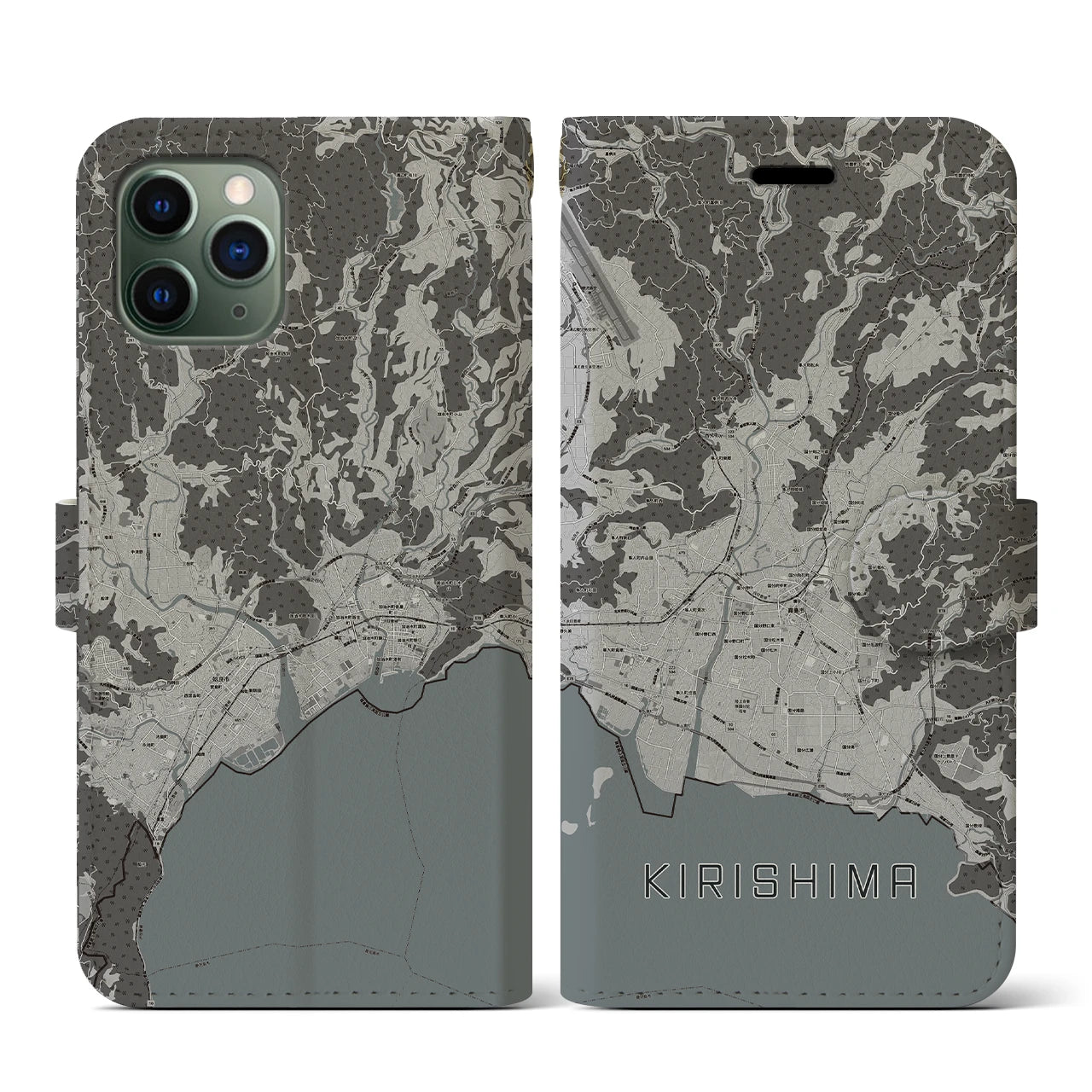 【霧島(鹿児島県)】地図柄iPhoneケース(手帳タイプ)モノトーン・iPhone 11 Pro 用