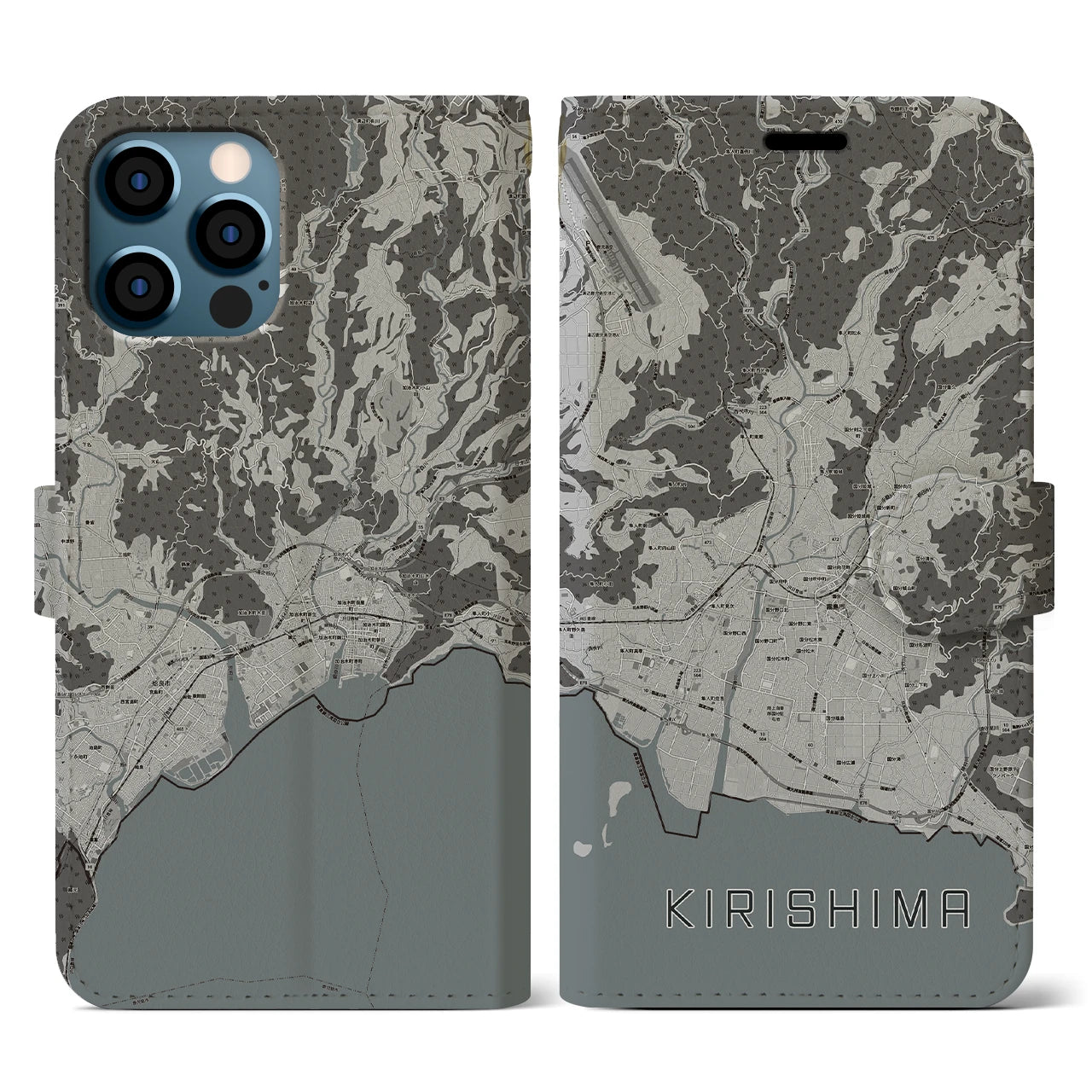 【霧島(鹿児島県)】地図柄iPhoneケース(手帳タイプ)モノトーン・iPhone 12 / 12 Pro 用