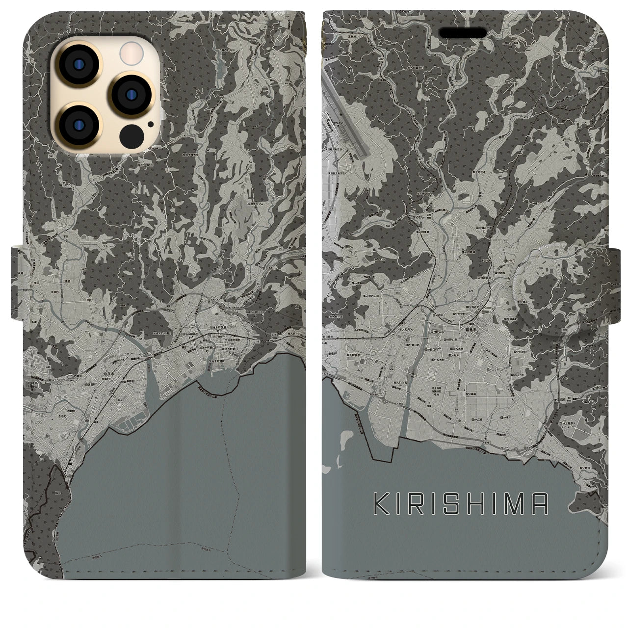 【霧島(鹿児島県)】地図柄iPhoneケース(手帳タイプ)モノトーン・iPhone 12 Pro Max 用
