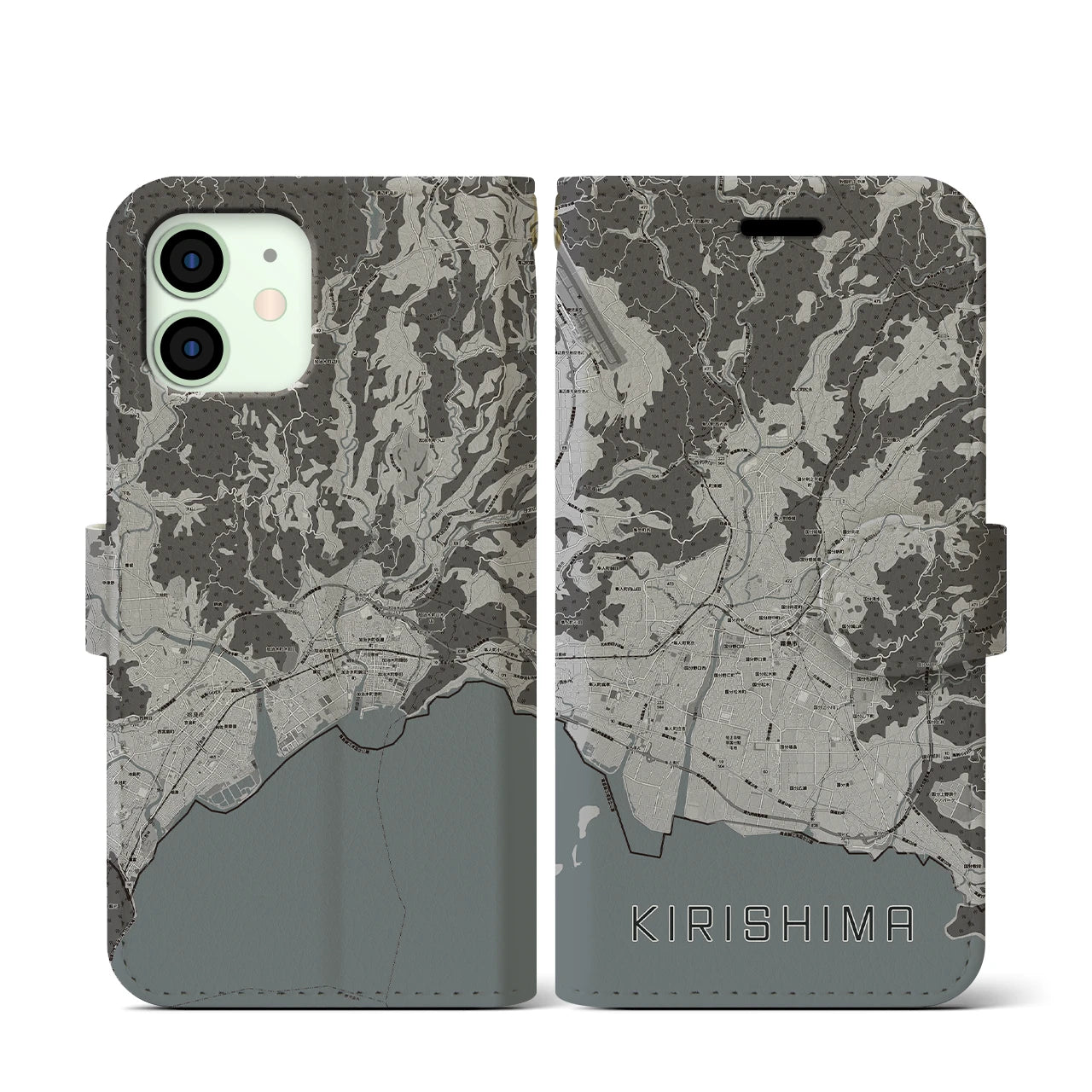 【霧島(鹿児島県)】地図柄iPhoneケース(手帳タイプ)モノトーン・iPhone 12 mini 用