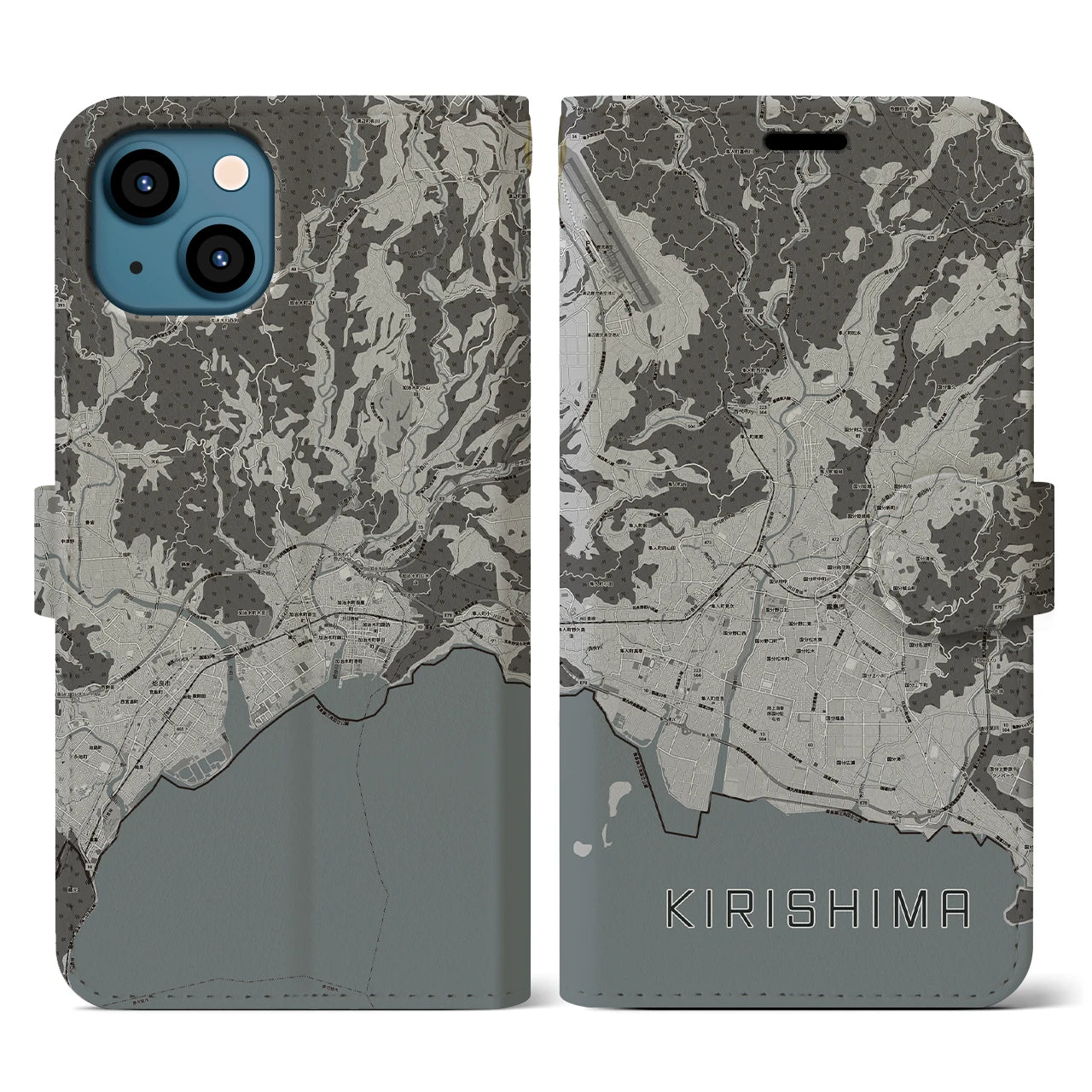 【霧島(鹿児島県)】地図柄iPhoneケース(手帳タイプ)モノトーン・iPhone 13 用