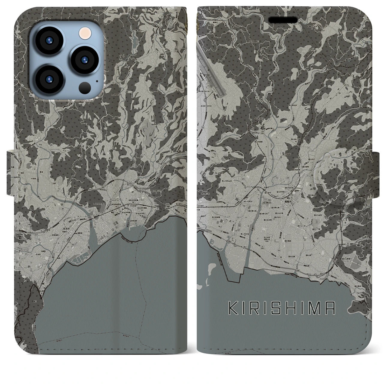 【霧島(鹿児島県)】地図柄iPhoneケース(手帳タイプ)モノトーン・iPhone 13 Pro Max 用