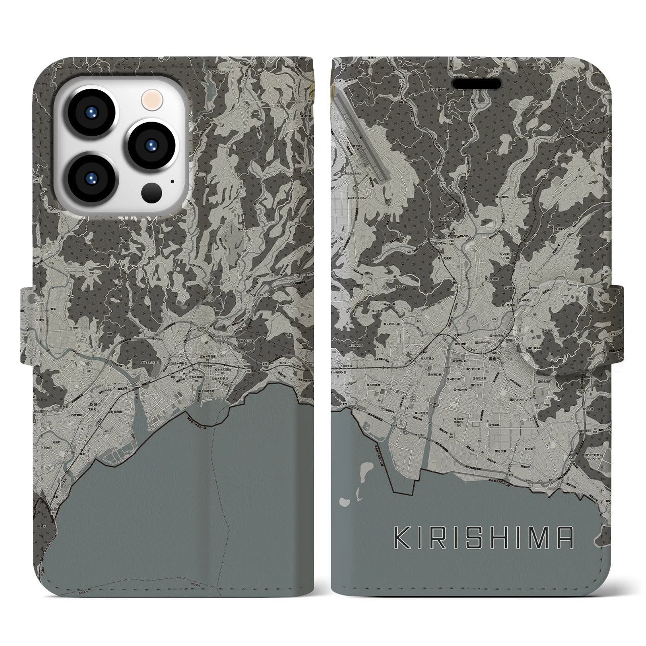 【霧島(鹿児島県)】地図柄iPhoneケース(手帳タイプ)モノトーン・iPhone 13 Pro 用