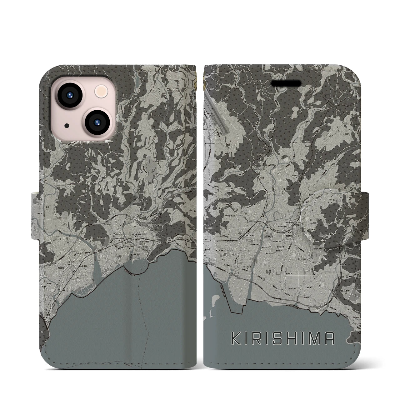 【霧島(鹿児島県)】地図柄iPhoneケース(手帳タイプ)モノトーン・iPhone 13 mini 用