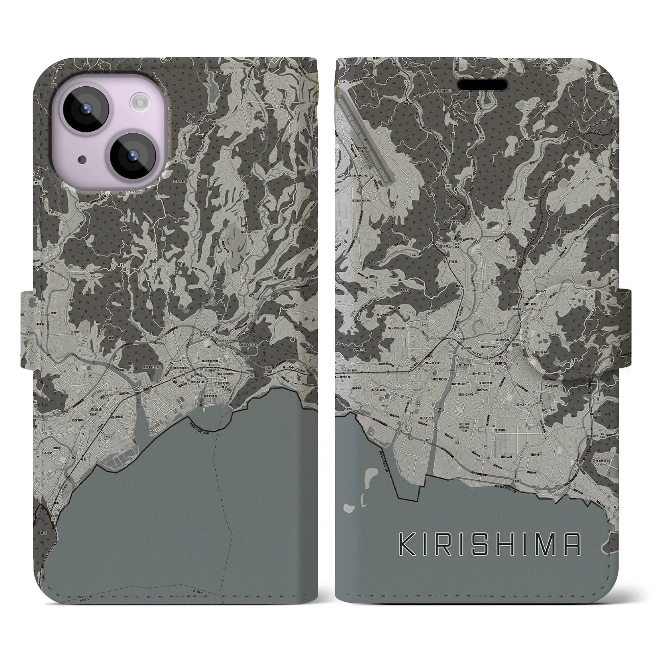 【霧島(鹿児島県)】地図柄iPhoneケース(手帳タイプ)モノトーン・iPhone 14 用