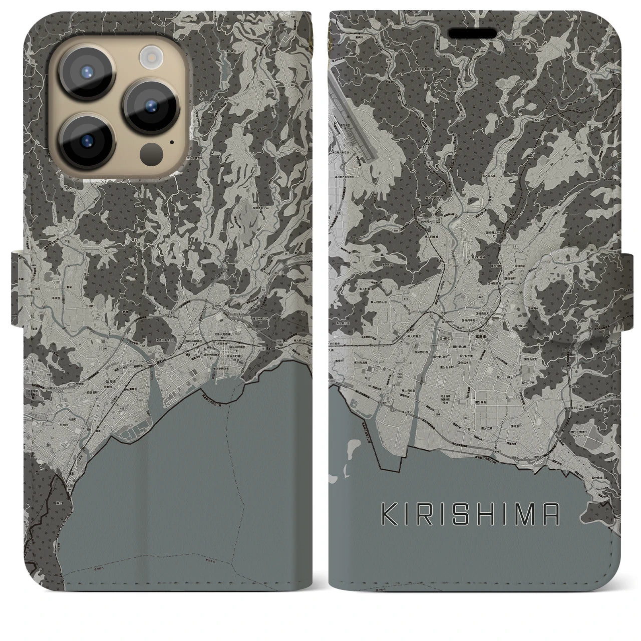 【霧島(鹿児島県)】地図柄iPhoneケース(手帳タイプ)モノトーン・iPhone 14 Pro Max 用