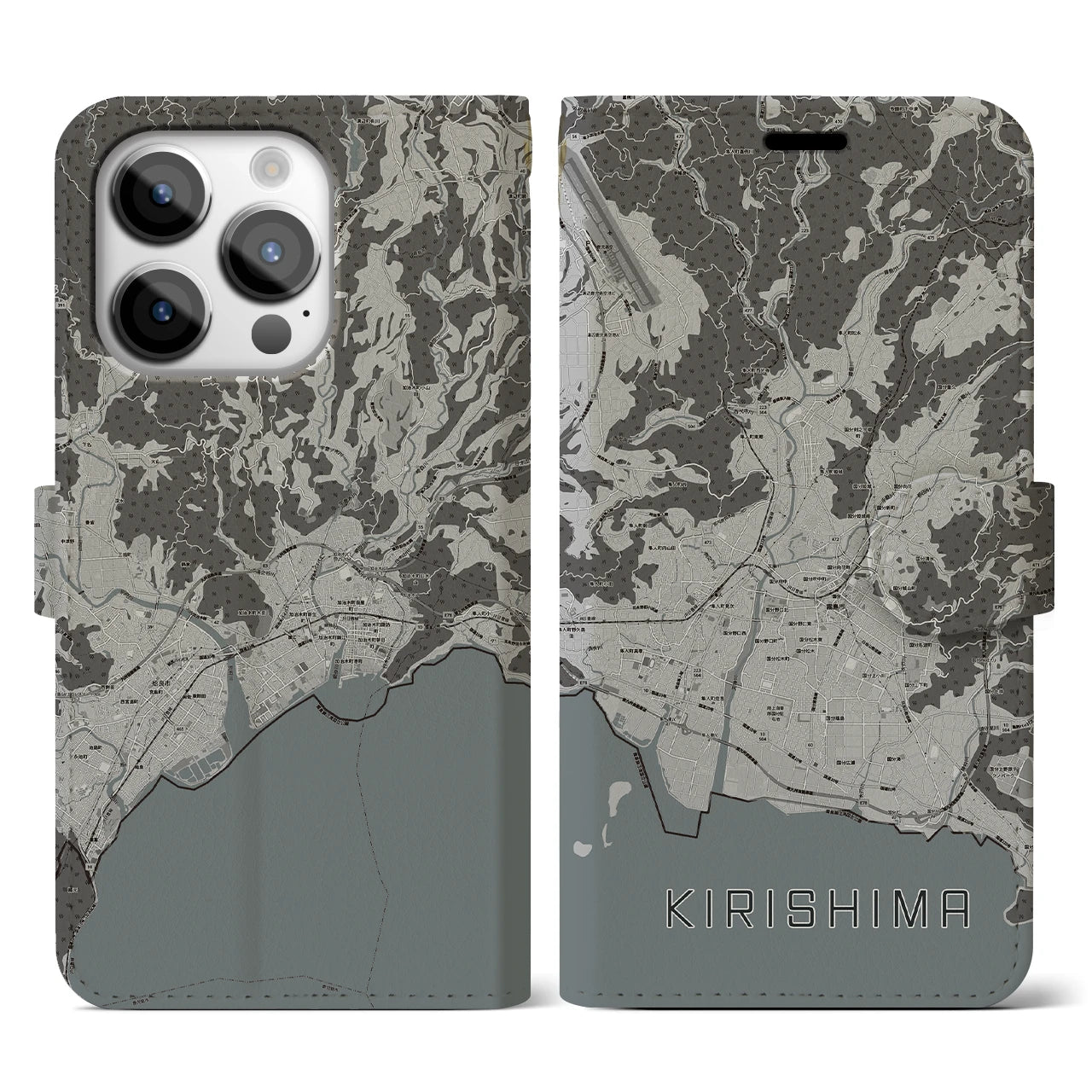 【霧島(鹿児島県)】地図柄iPhoneケース(手帳タイプ)モノトーン・iPhone 14 Pro 用