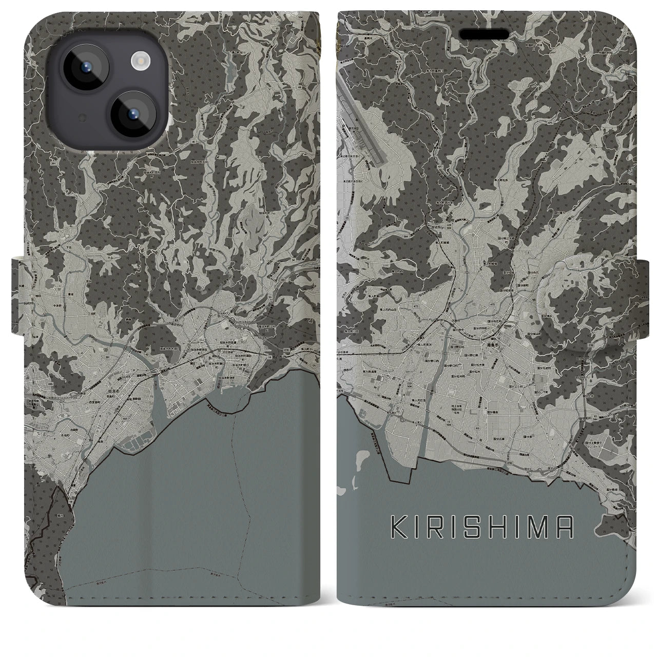 【霧島(鹿児島県)】地図柄iPhoneケース(手帳タイプ)モノトーン・iPhone 14 Plus 用