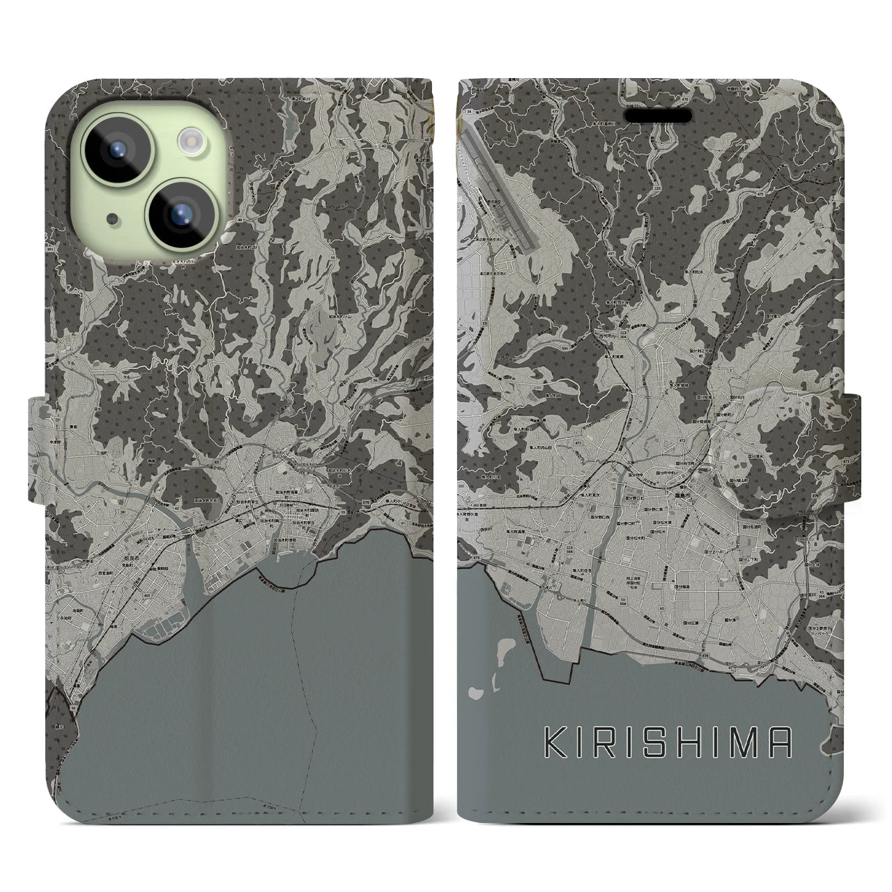 【霧島(鹿児島県)】地図柄iPhoneケース(手帳タイプ)モノトーン・iPhone 15 用