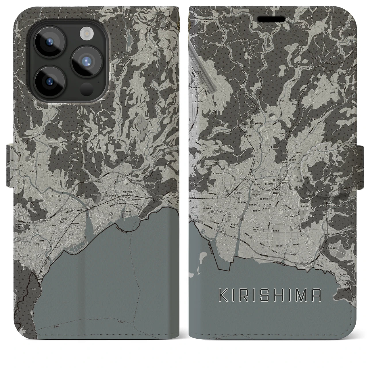 【霧島(鹿児島県)】地図柄iPhoneケース(手帳タイプ)モノトーン・iPhone 15 Pro Max 用