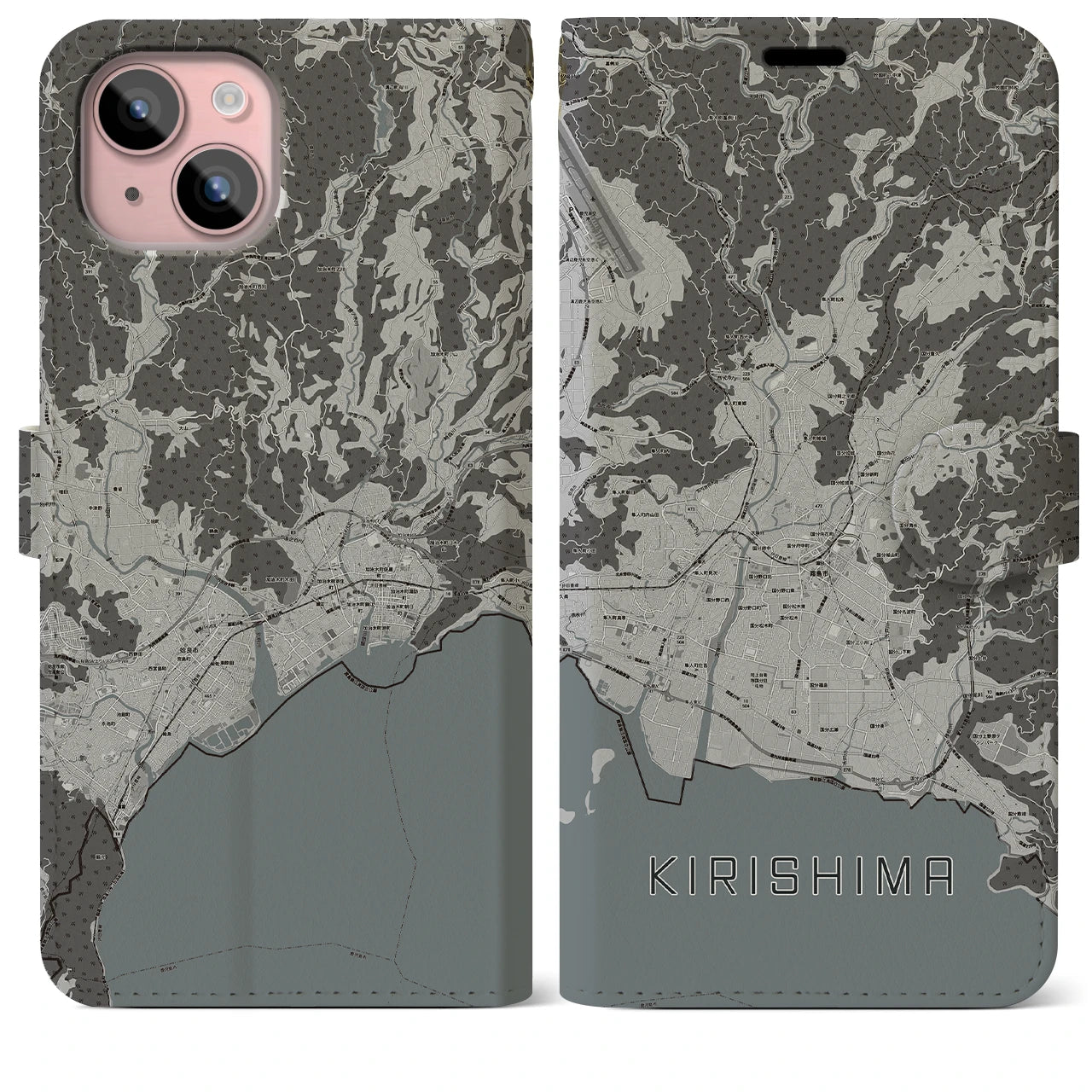 【霧島(鹿児島県)】地図柄iPhoneケース(手帳タイプ)モノトーン・iPhone 15 Plus 用