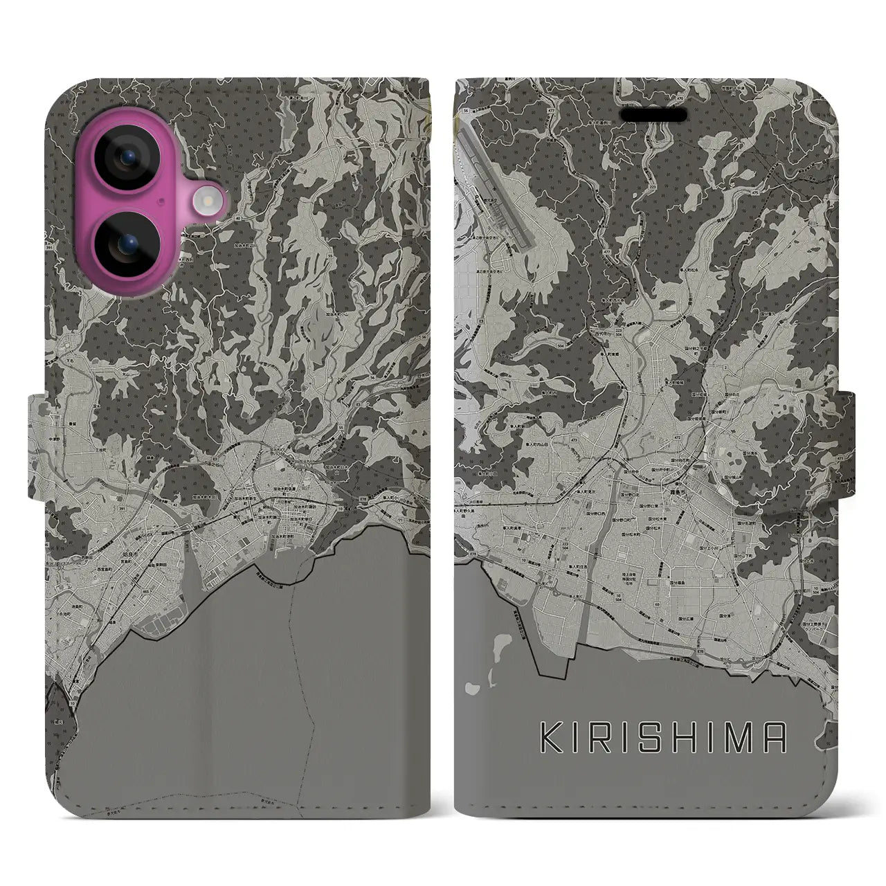 【霧島(鹿児島県)】地図柄iPhoneケース(手帳タイプ)モノトーン・iPhone 16 Pro 用