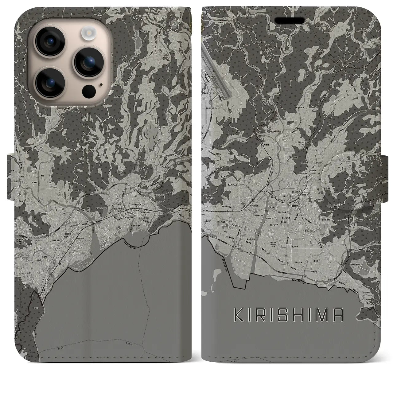 【霧島(鹿児島県)】地図柄iPhoneケース(手帳タイプ)モノトーン・iPhone 16 Plus 用