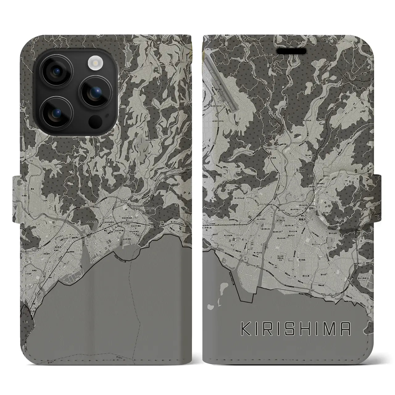 【霧島(鹿児島県)】地図柄iPhoneケース(手帳タイプ)モノトーン・iPhone 16 用