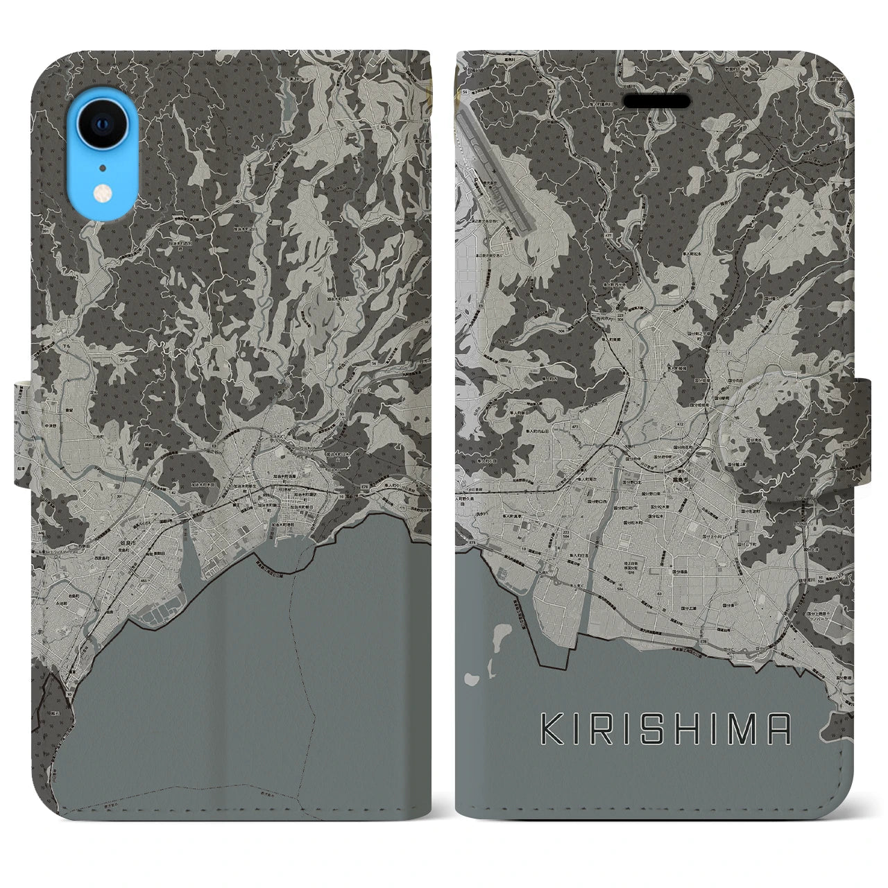 【霧島(鹿児島県)】地図柄iPhoneケース(手帳タイプ)モノトーン・iPhone XR 用