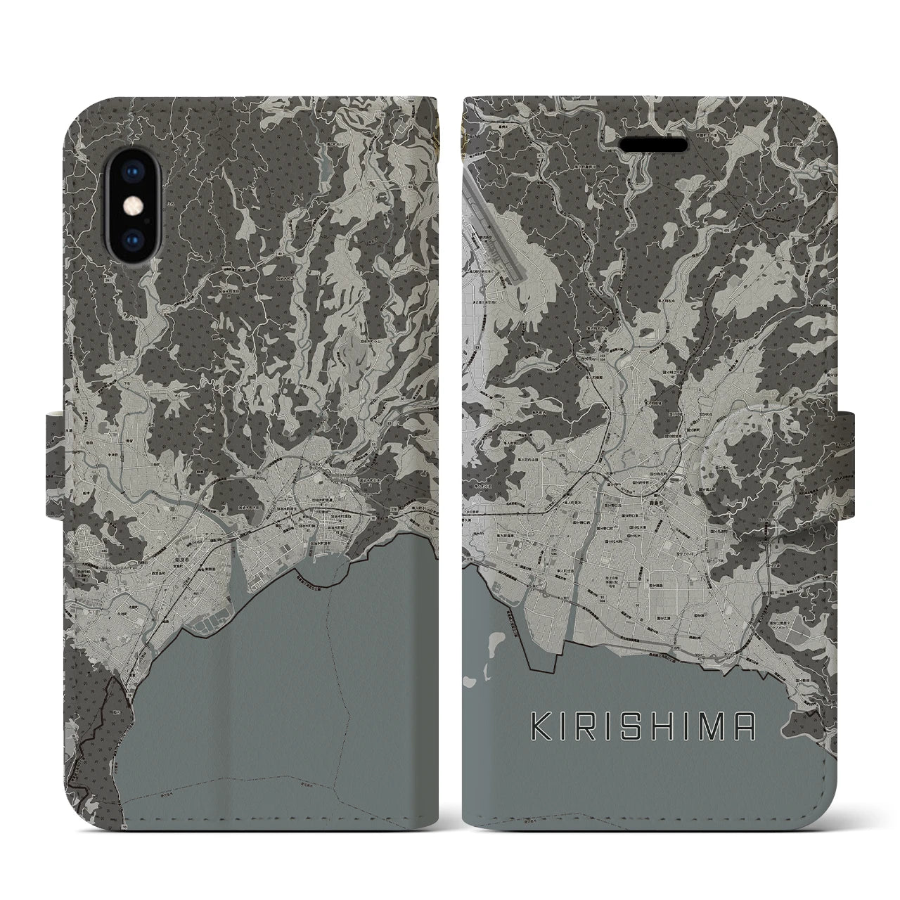 【霧島(鹿児島県)】地図柄iPhoneケース(手帳タイプ)モノトーン・iPhone XS / X 用