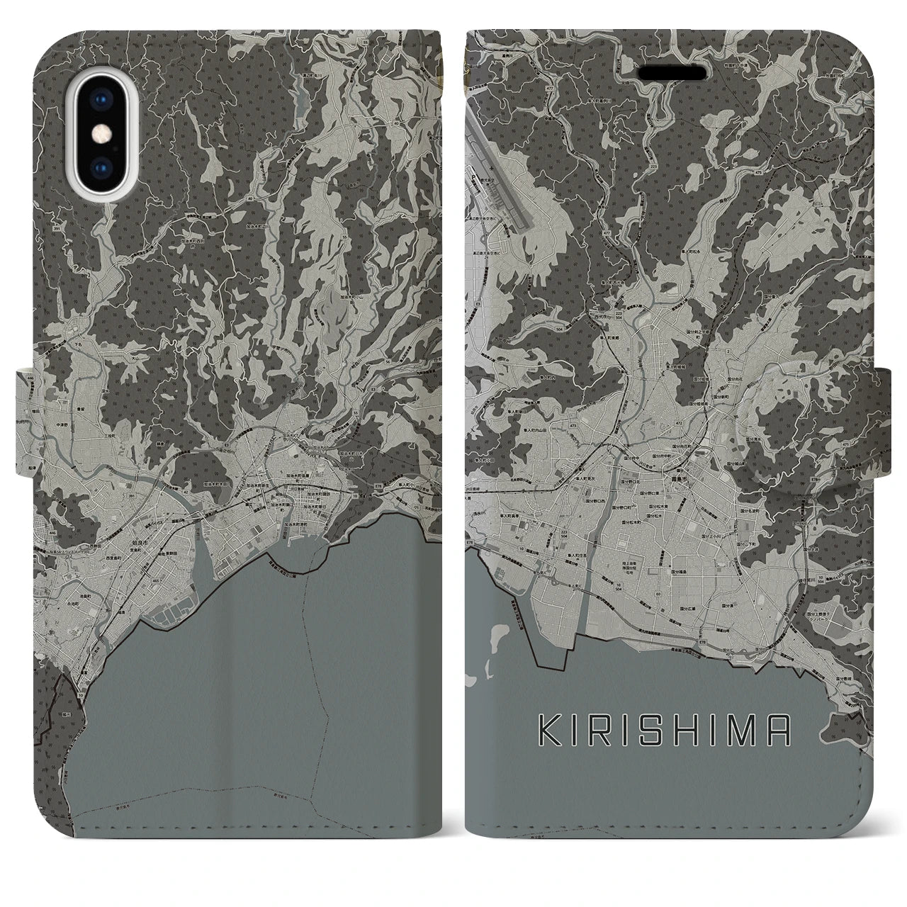 【霧島(鹿児島県)】地図柄iPhoneケース(手帳タイプ)モノトーン・iPhone XS Max 用