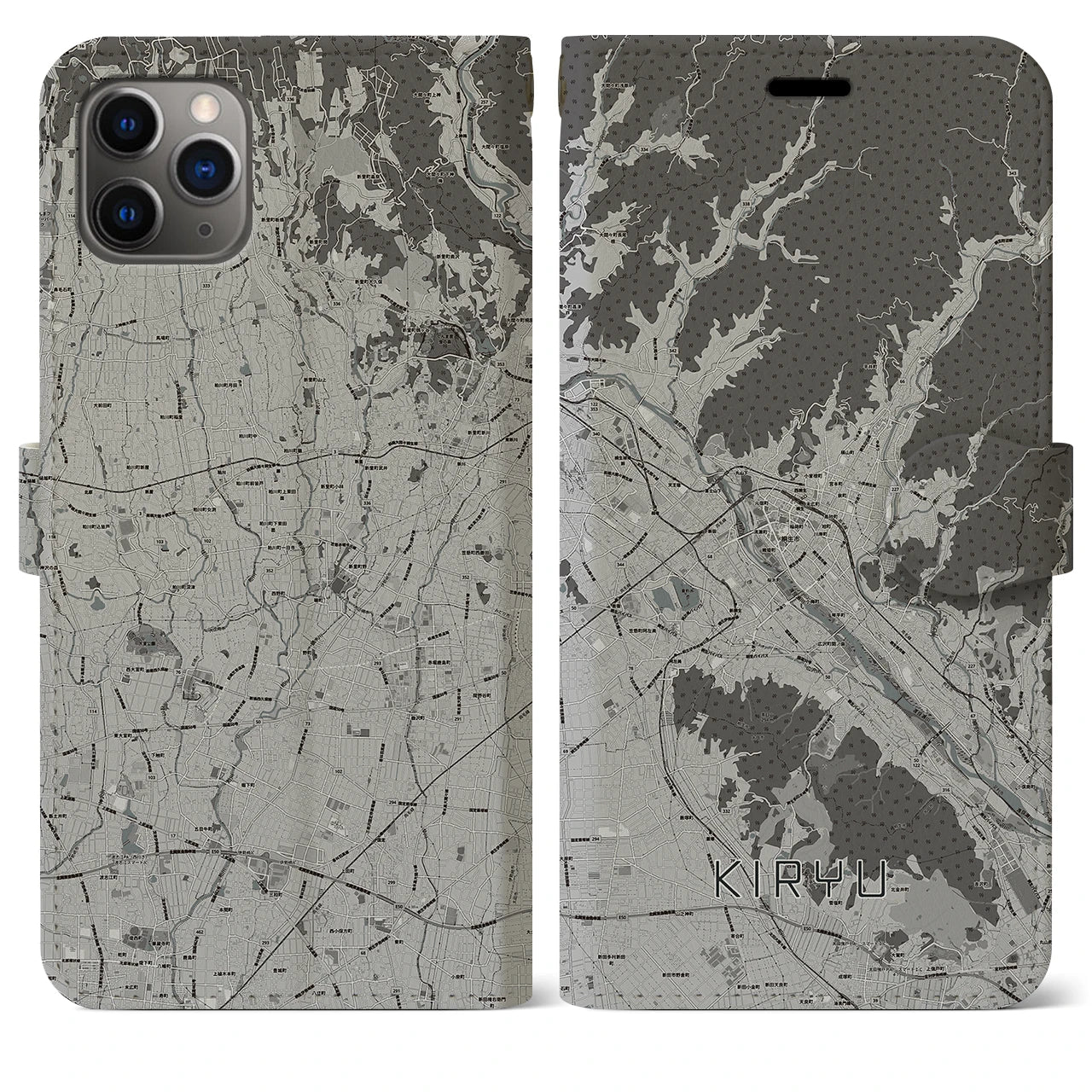 【桐生(群馬県)】地図柄iPhoneケース(手帳タイプ)モノトーン・iPhone 11 Pro Max 用