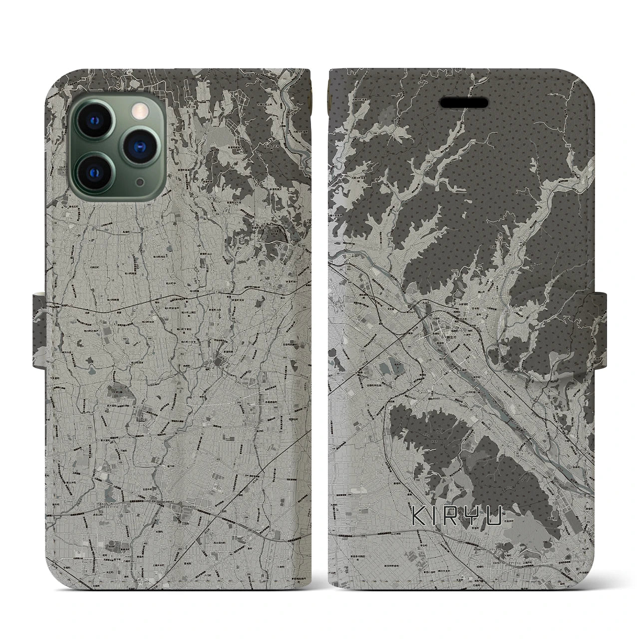 【桐生(群馬県)】地図柄iPhoneケース(手帳タイプ)モノトーン・iPhone 11 Pro 用