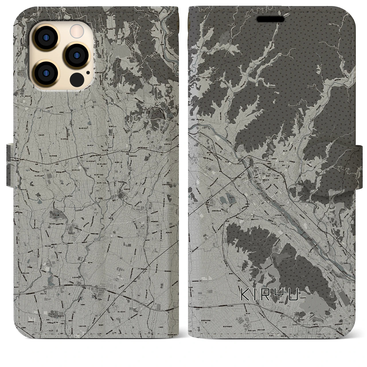 【桐生(群馬県)】地図柄iPhoneケース(手帳タイプ)モノトーン・iPhone 12 Pro Max 用