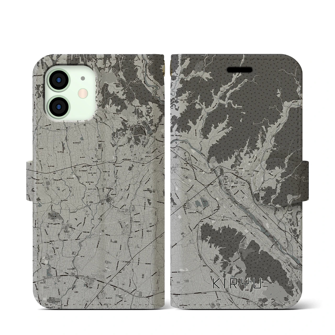 【桐生(群馬県)】地図柄iPhoneケース(手帳タイプ)モノトーン・iPhone 12 mini 用