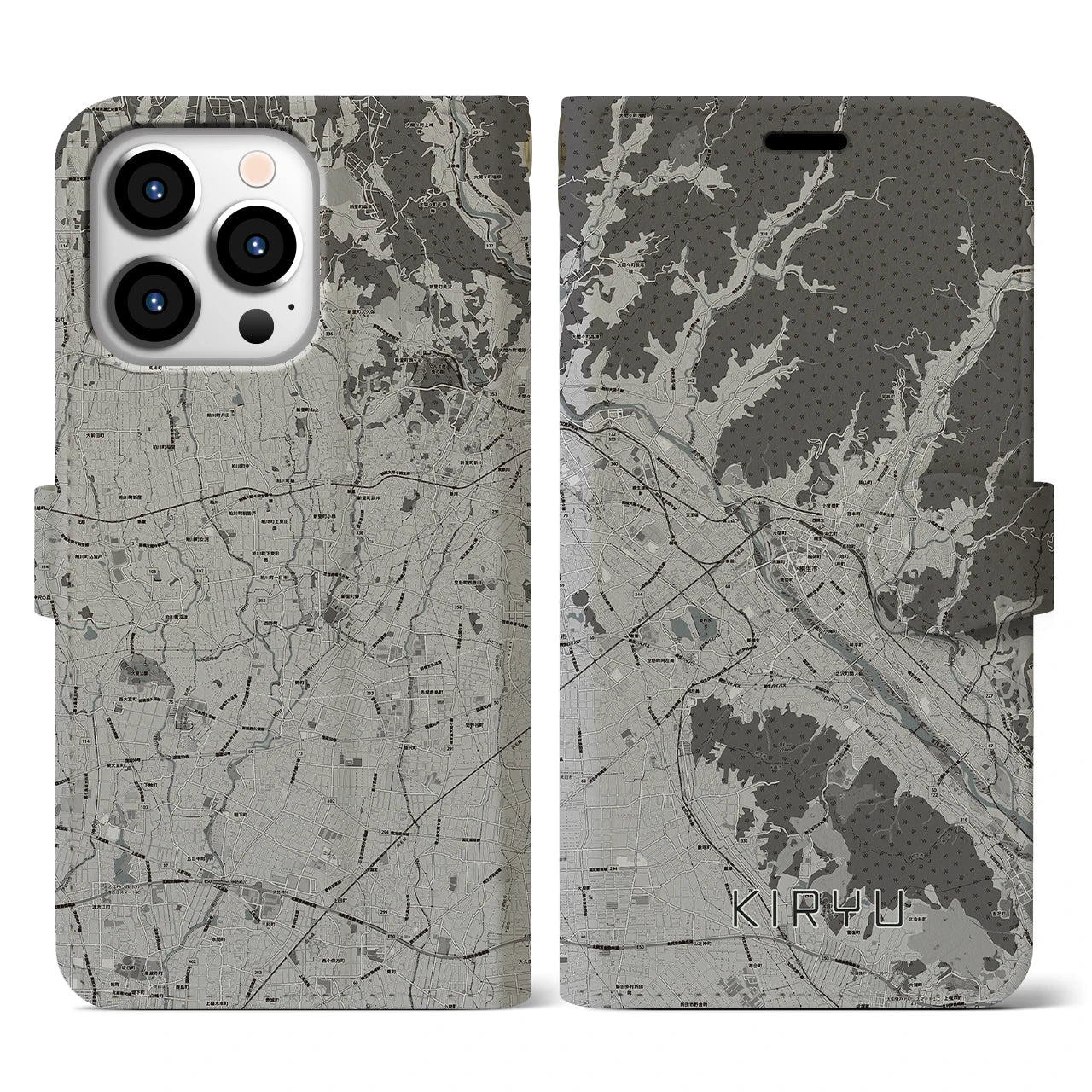 【桐生(群馬県)】地図柄iPhoneケース(手帳タイプ)モノトーン・iPhone 13 Pro 用